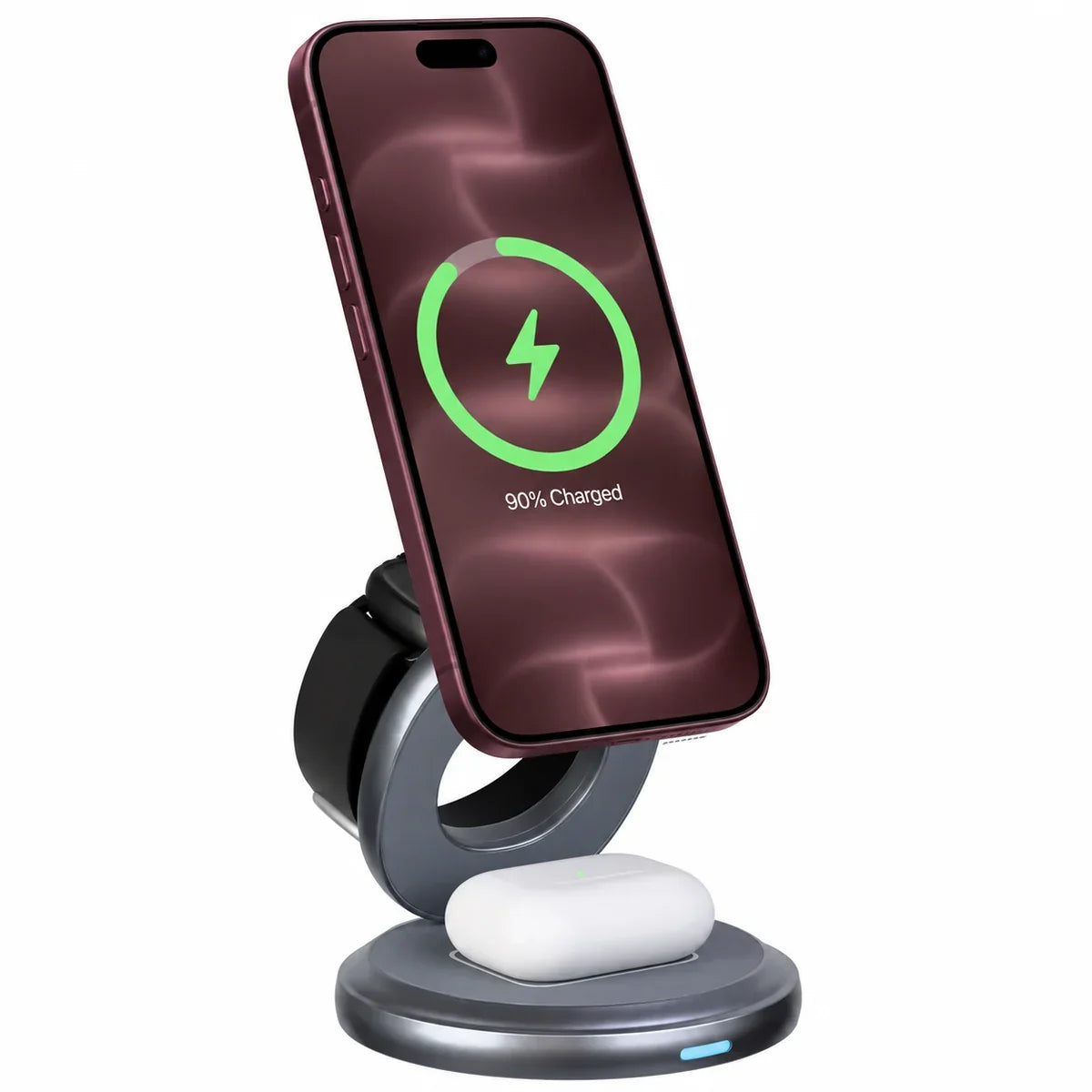 Titanium Gray rotating foldable wireless charger charging a Burgundy phone tilted backward. #color_Titanium Gray