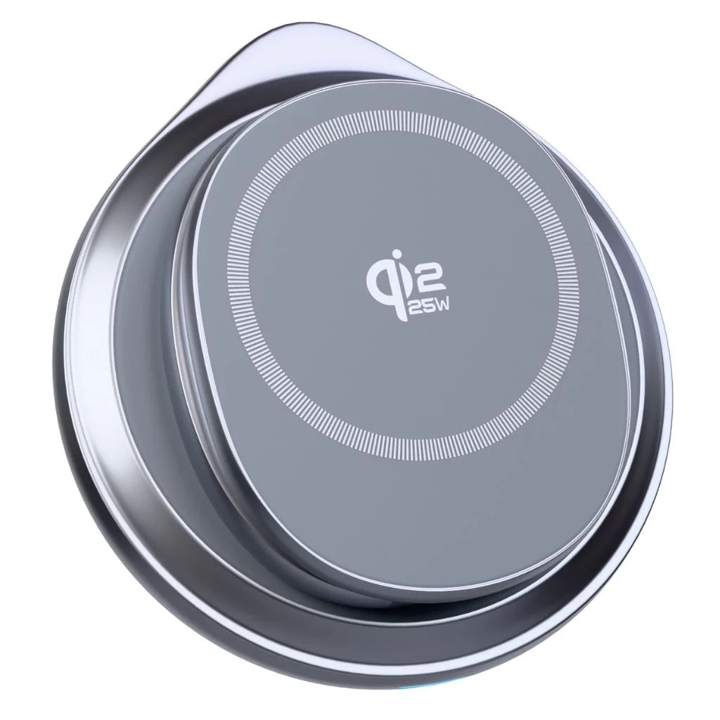Titanium Gray rotating foldable wireless charger folded into a compact disc #color_Titanium Gray