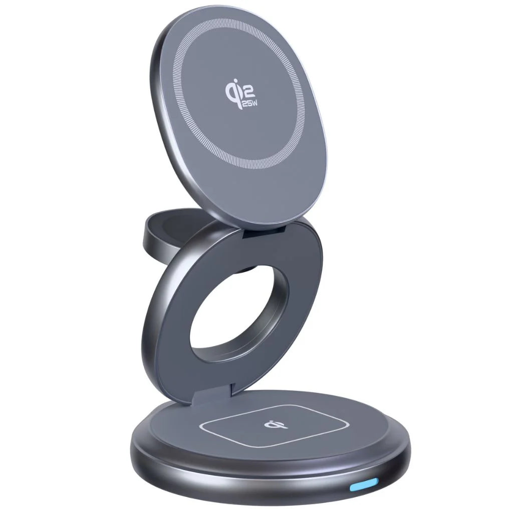 Titanium Gray rotating foldable wireless charger standing open without devices #color_Titanium Gray
