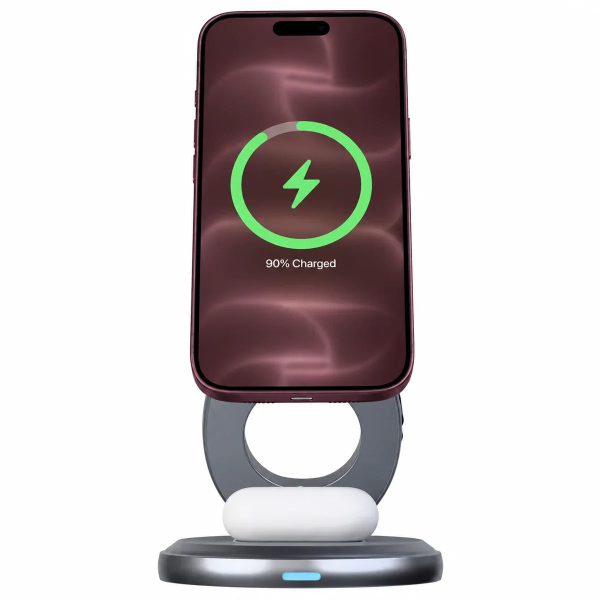 Titanium Gray rotating foldable wireless charger charging a Burgundy phone facing forward. #color_Titanium Gray