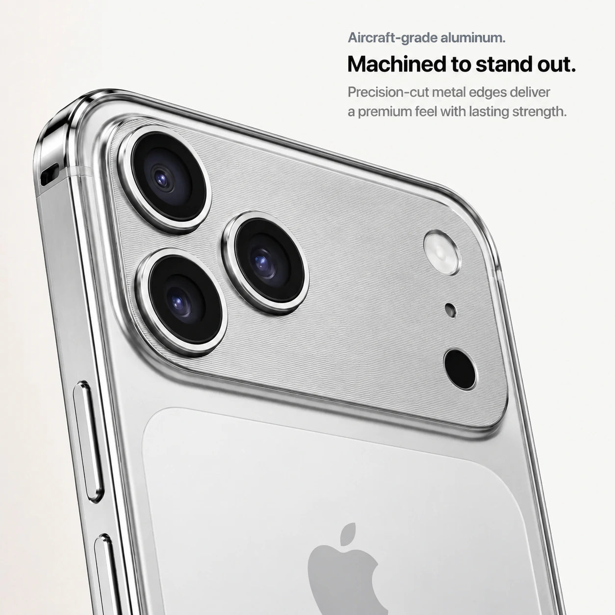 Silver aluminum frame phone case showing the machined camera guard and metal frame #color_Titanium Silver