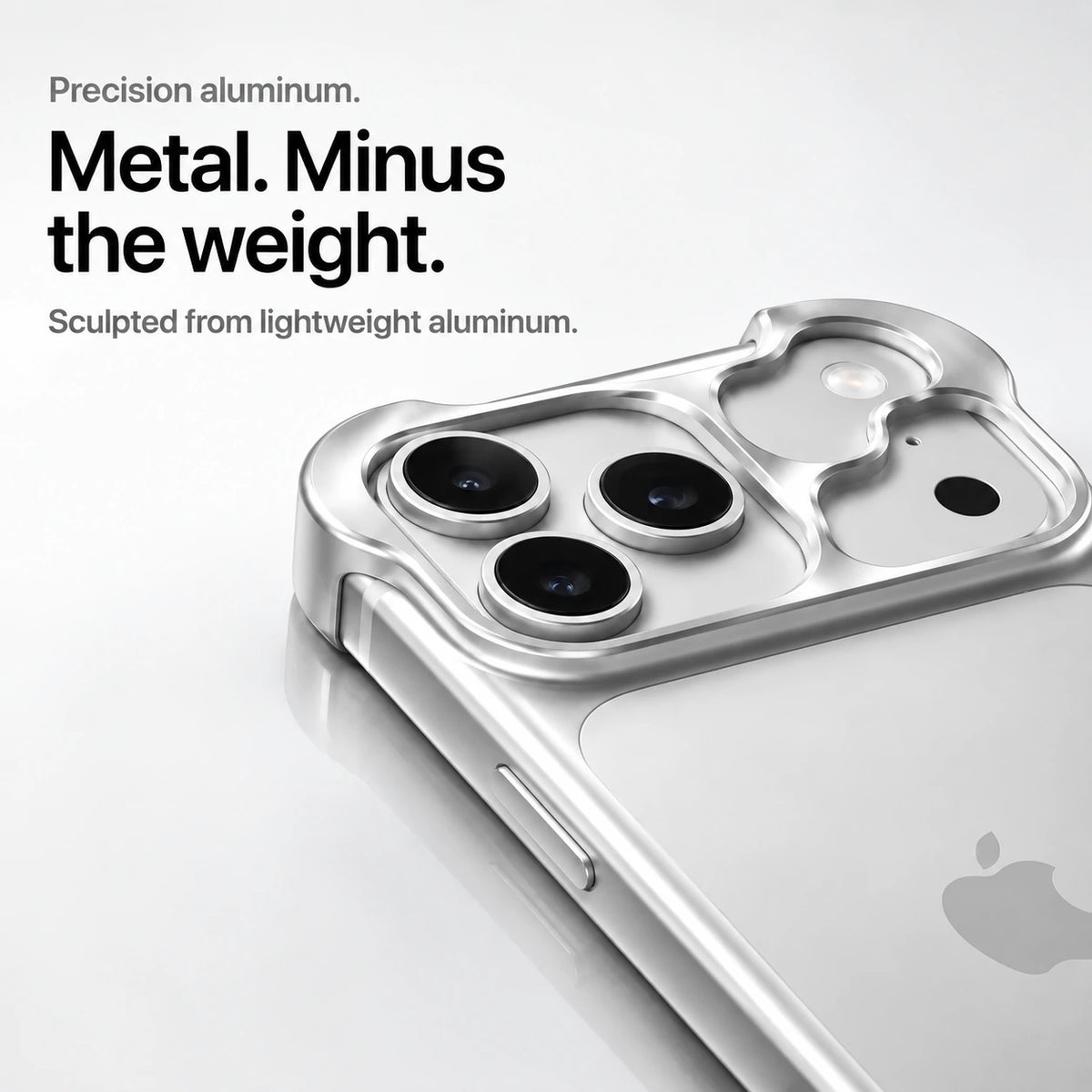 Silver sculpted metal phone case showing a close view of its sculpted camera guard #color_Titanium Silver