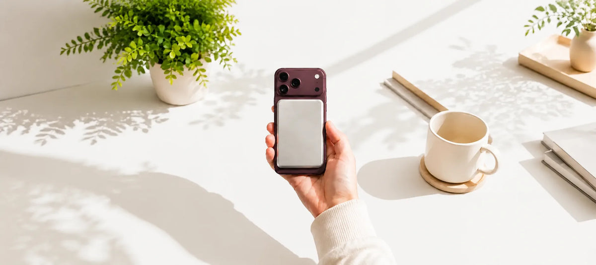 Slim silver magnetic power bank attached to a burgundy phone.