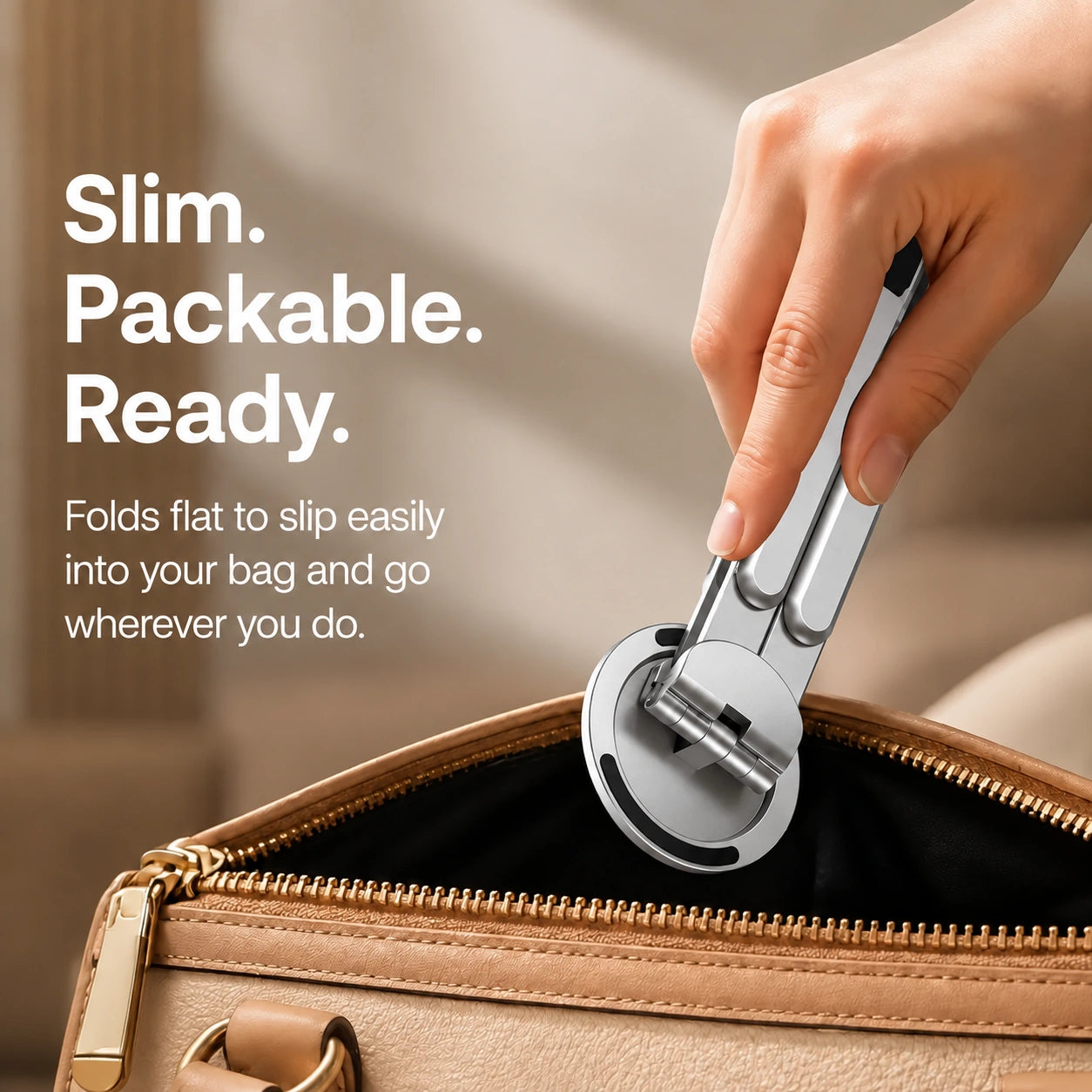 Titanium Silver folding magnetic device stand folded into a travel bag #color_Titanium Silver