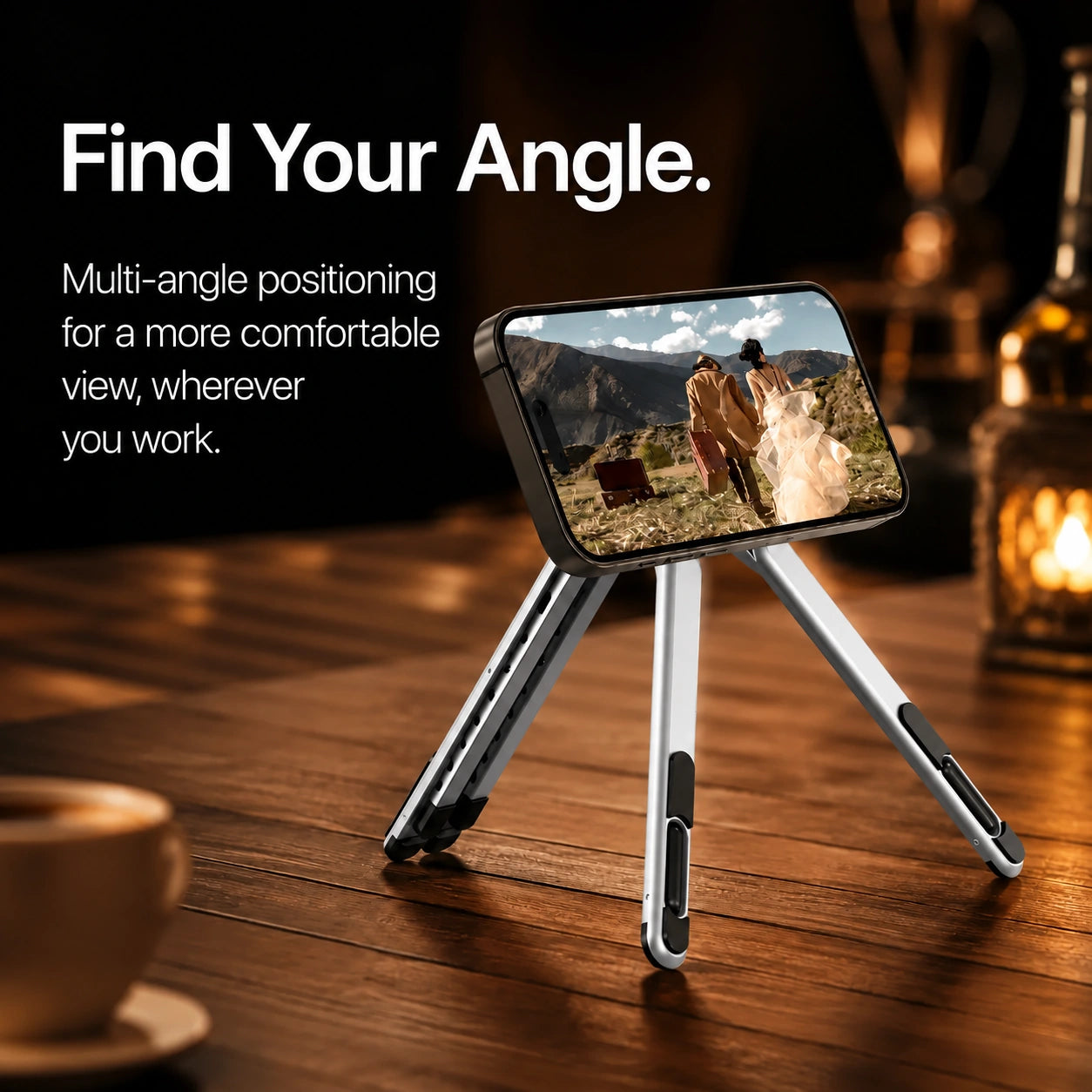 Titanium Silver folding magnetic device stand holding a phone in landscape orientation #color_Titanium Silver