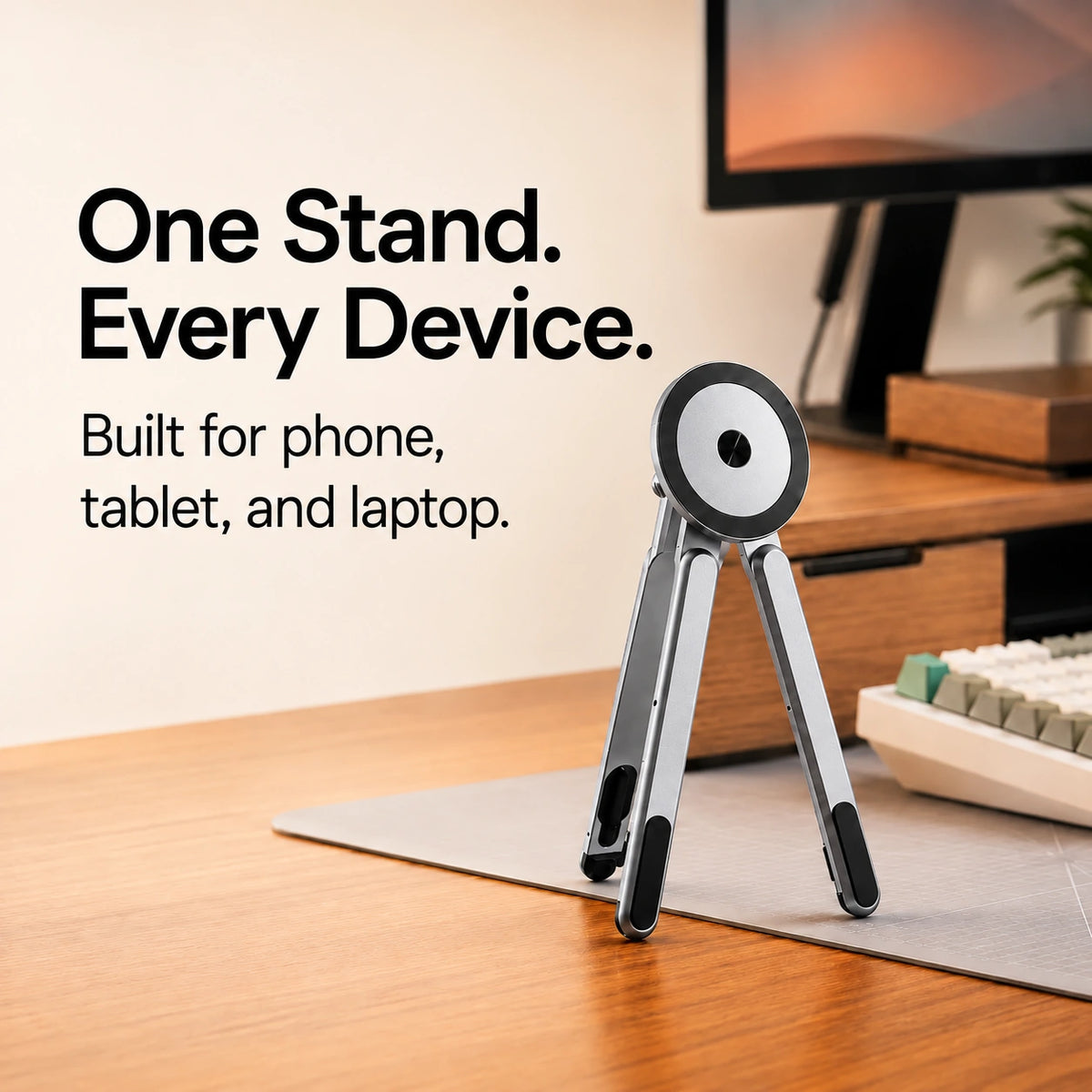 Titanium Silver folding magnetic device stand standing upright on a desk #color_Titanium Silver