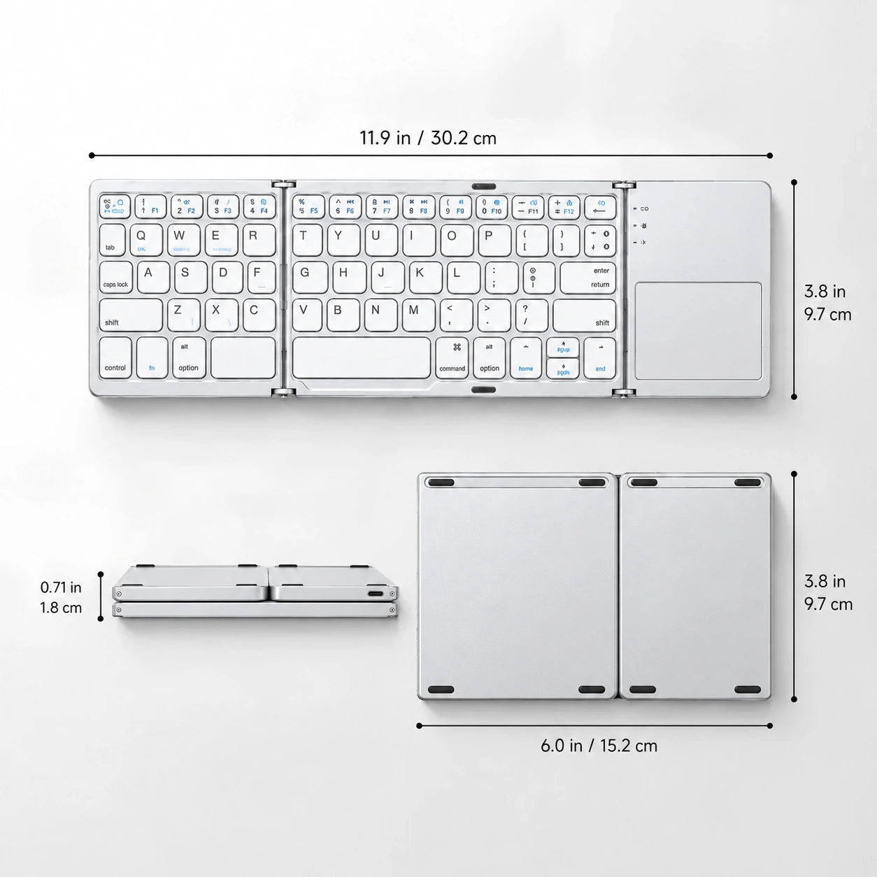 Titanium Silver folding wireless keyboard showing folded and open dimensions #color_Titanium Silver